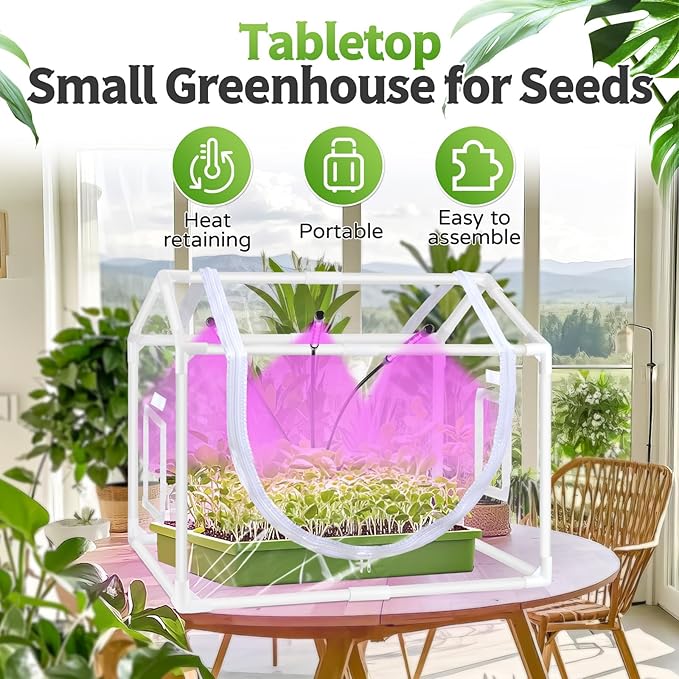Indoor Mini Greenhouse with Grow Light, Tabletop Small Greenhouse for Beginners, All-in-One Tiny Plant Nursery Kit with Adjustable LED Light & Timer, Smart Grow Tent for Herbs, Gardening Gift