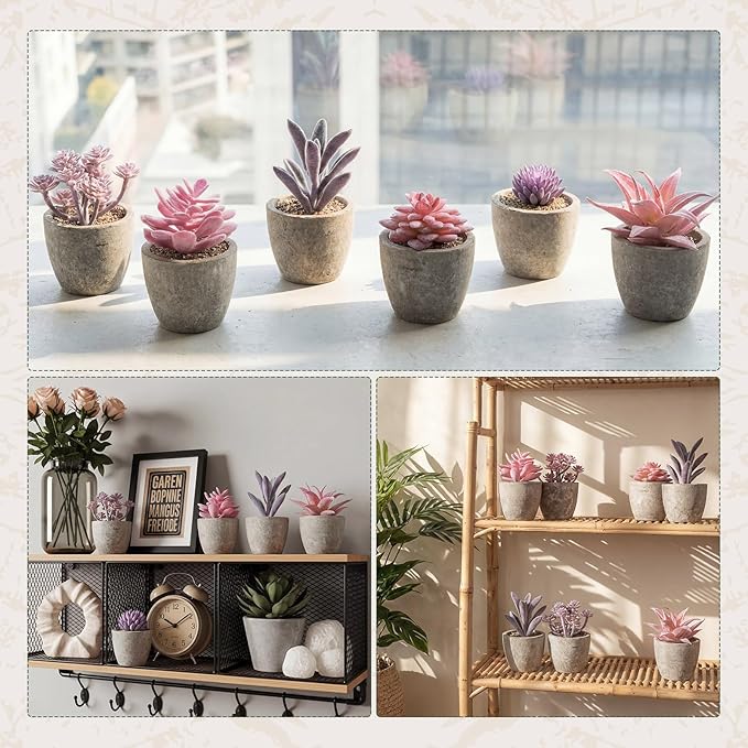 Set of 6 Artificial Succulents Potted - Realistic Mini Fake Cactus Plants in Paper Pulp Pots, 2-4'' Mixed Sizes for Farmhouse Shelf, Bathroom, Coatrack Shelf, Bedroom Indoor(Elegant Style)
