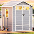 DWVO 6x4.4 FT Outdoor Storage Shed with Fence-Style and Side Windows, Lockable Door, and Vents Resin Storage Shed for Garden Backyard Patio Lawn