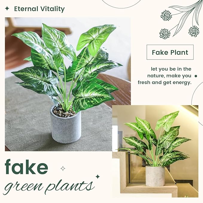 16" Small Fake Plants Artificial Tropical Faux Plants Indoor Desk Plant for Home Office Kitchen Shelf Sage Green Decor