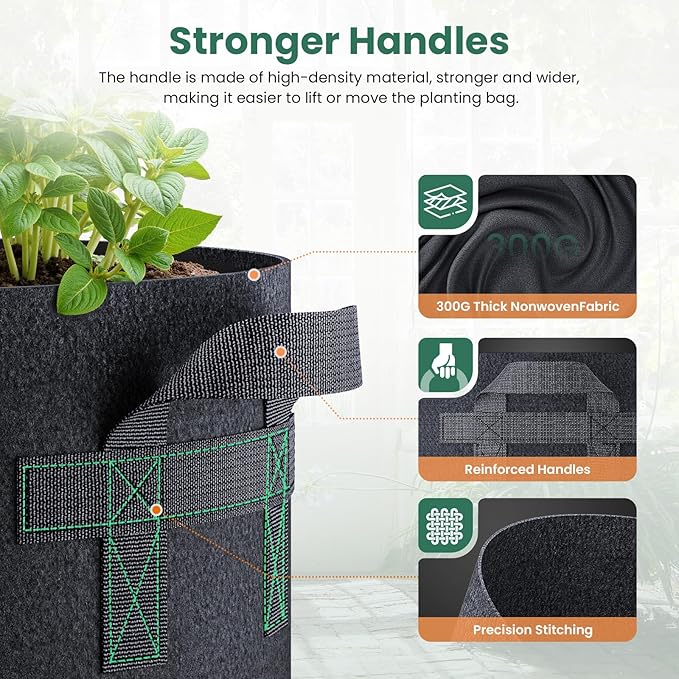 5 Pack 2 Gallon Grow Bags, Thickened Nonwoven Fabric Planter Pots with Handles, Heavy Duty 300G Garden Pots for Tomato, Potato and Vegetable
