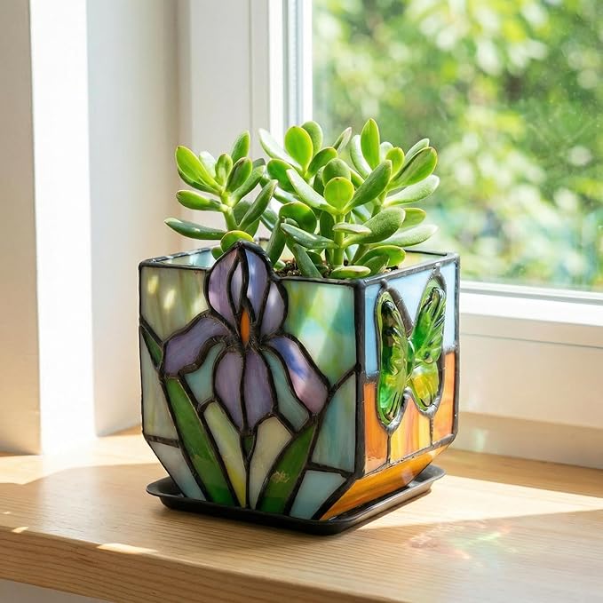 Handmade Tiffany Style Stained Glass Iris Planter, Decorative Succulent Pot with Drainage, Indoor Plant Pot for Home Decor, Unique Gardening Gift for Plant Lovers, Mom, Women