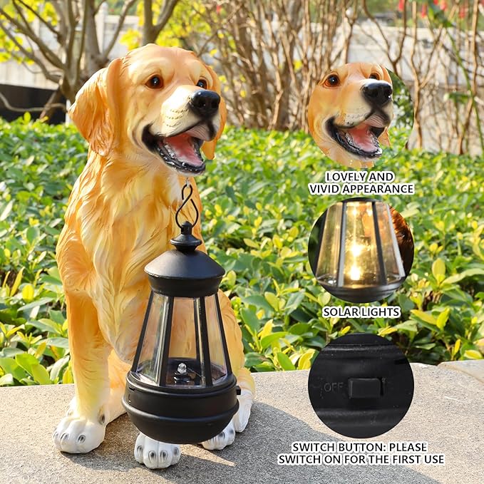 Garden Dog Statues Outdoor Decor, Solar Lights Outdoor Golden Retriever Figurine Solar Dog Ornaments for Patio, Lawn, Yard Art Decoration, Housewarming Garden Gifts for Mom