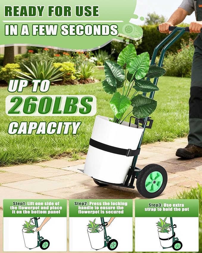 AugFir Plant Caddy with Wheels, 260LBS Rolling Plant Dolly Pot Mover with Adjustable Grabbing Arm and Suction Cups, Heavy Duty Garden Trolley Plant Cart with Strap for Indoor Outdoor Planters