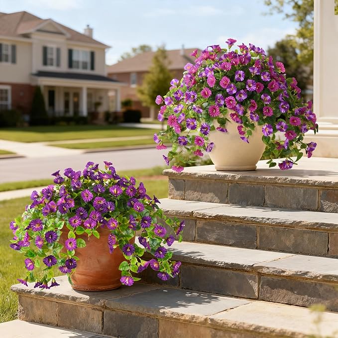 Artificial Fake Flowers Plants UV Resistant, Faux Petunias Silk Flowers for Outdoors No Fade, Fake Outdoor Flowers for Planters Spring, Realistic Home Garden Balcony Yard Decor (Light Purple)