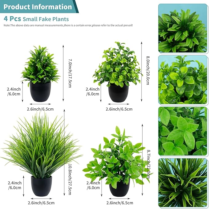 LOYWREE 4 Pack Mini Fake Plants Small Artificial Greenery Potted Plants in Black Pots for Home Office Desk Table Bathroom Farmhouse Room Decor
