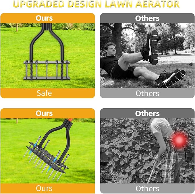 Lawn Aerator Tool with Dual-Layer Self-Cleaning Spikes, 15 Spike Heavy Duty Manual Lawn Aerator for Compact Soil, Anti-Clog Grass Aerator for Yard, Garden & Lawn Care