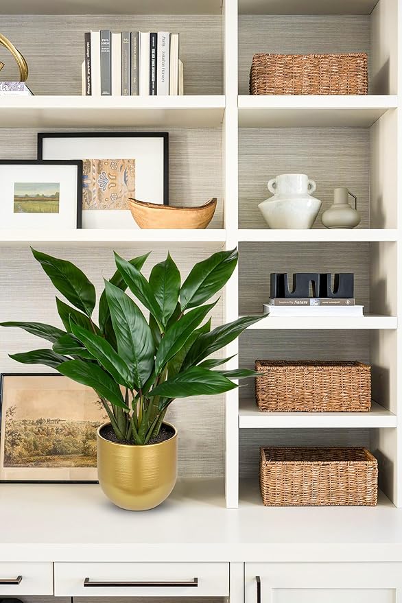GnFlus Fake Plants 17'' Faux Plants Artificial Potted Plants Indoor Realistic Fake Cast Iron Plant Artificial Plants with Gold Pot for Home Office Farmhouse Kitchen Bathroom Table Shelf Decor