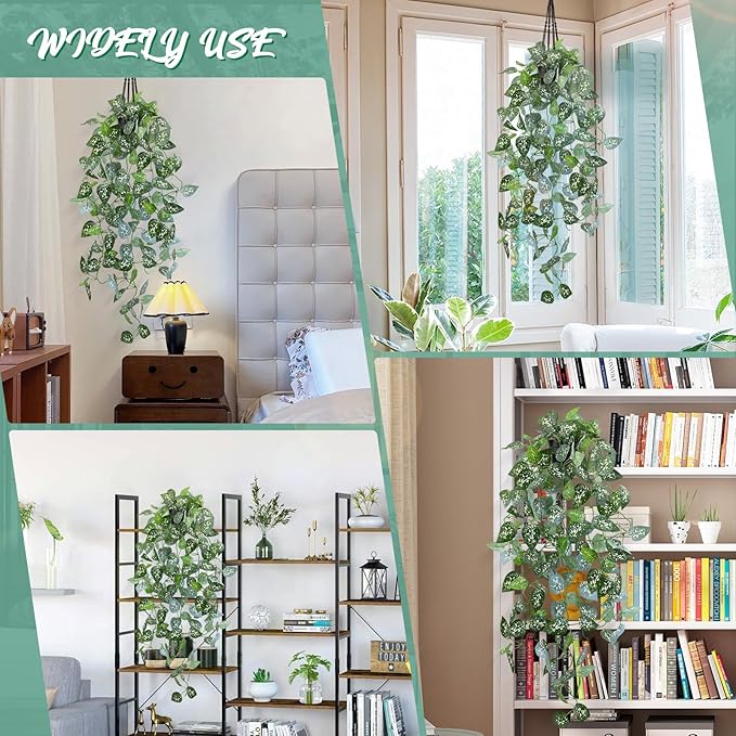 LOYWREE 3 Pack 39-in Long Fake Hanging Plant with Pot Faux Pothos Artificial Potted Plants Small Faux Ivy Vine Plant for Indoor Outdoor Aesthetic Office Living Room Shelf Decor (Black Pot)