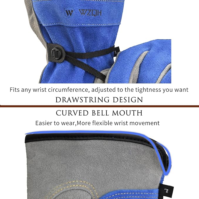 WZQH Leather Work Gloves for Men or Women. Large Glove for Gardening, Tig/Mig Welding, Construction, Chainsaw, Farm, Ranch, etc. Cowhide, Cotton Lined, Utility, Firm Grip, Durable. Blue-Grey L