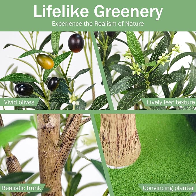 Faux Olive Tree 6FT, Artificial Potted Tree with Planter, Silk Plants Indoor Outdoor, Lifelike Olive Plants with Natural Wood Trunk, Fruits and Buds, Home Office Decor, 1 Pack