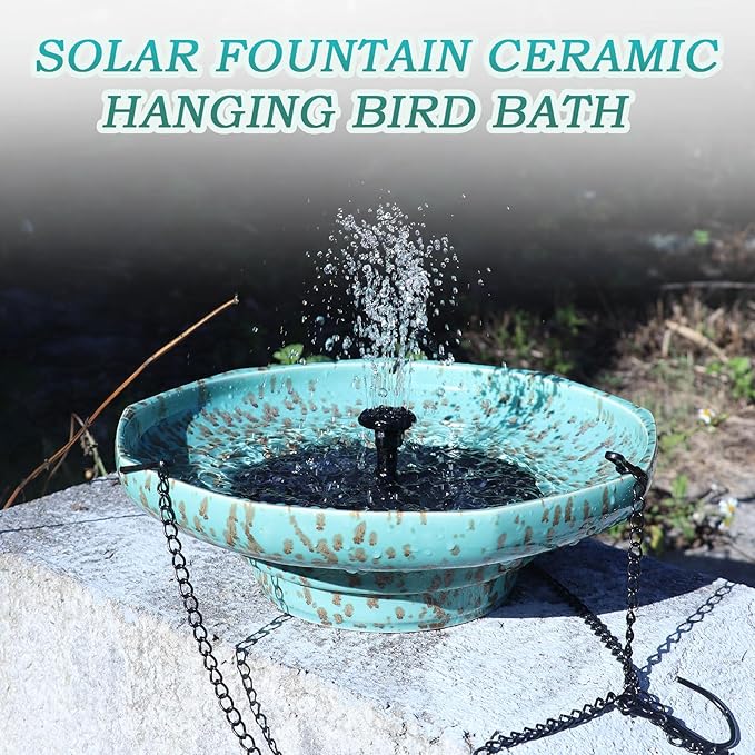 Solar Fountain Ceramic Hanging Bird Bath,Bird Bath for Outside,Outdoor Fountain Bird Bath,Garden and Home Decor
