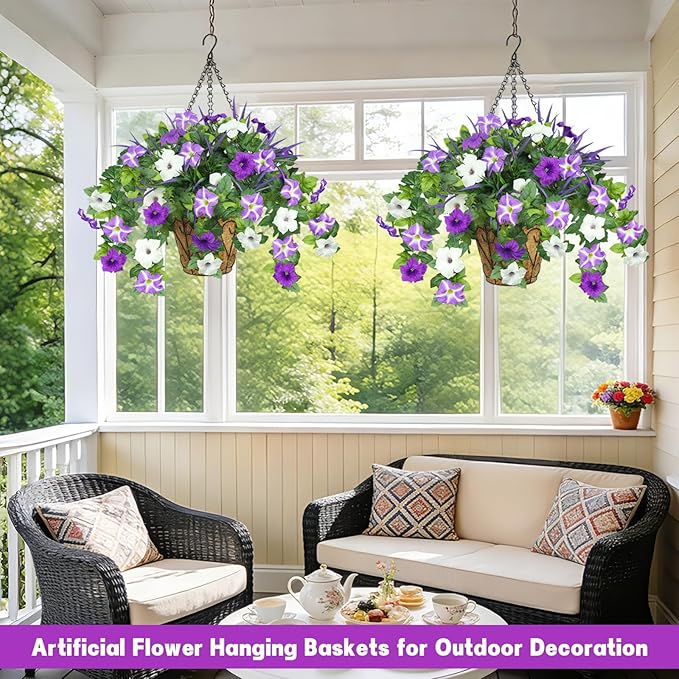 2 Pack Artificial Flowers Hanging Baskets for Outdoors, 10 PCS UV Resistant Faux Outdoor Plants, Fake Petunias Silk Flowers for Garden Balcony Yard Porch Decor (White Green Purple)