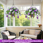 2 Pack Artificial Flowers Hanging Baskets for Outdoors, 10 PCS UV Resistant Faux Outdoor Plants, Fake Petunias Silk Flowers for Garden Balcony Yard Porch Decor (White Green Purple)