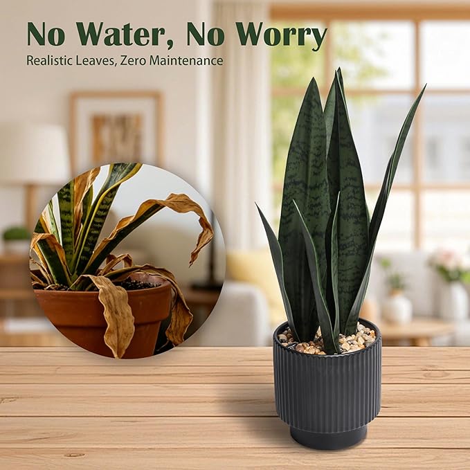 Artificial Plants Sansevieria Snake Plant with Black Ceramic Pot Desk Small Fake Plant for Indoor Living Room Kitchen Bathroom Farmhouse Home Decor