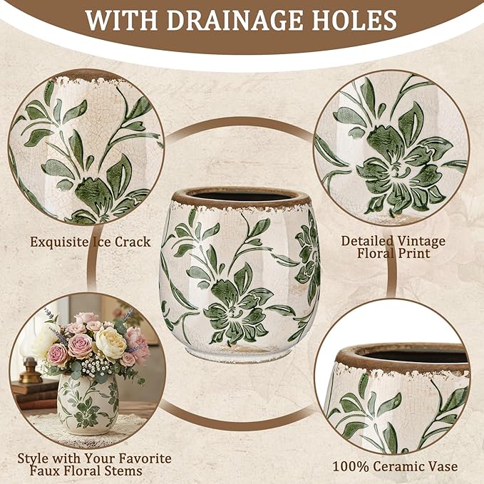 SiliFine Vintage Ceramic Flower Pot with Ice Crackle Rustic Planter with Drainage Holes for Indoor and Outdoor Decor Home Living Room Garden Decor Gardening Gift(Rustic Style)