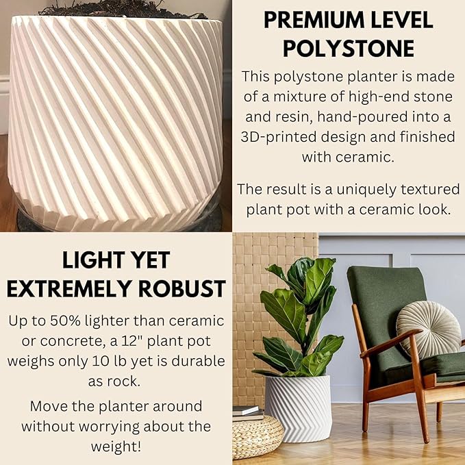Fox & Fern Large 12 Inch Planter with Drainage Plug — Premium Polystone White Plant Pot - Modern Planter with 3D Texture and Ceramic Finish - 12 Inch Pots for Plants Indoor & Outdoor.