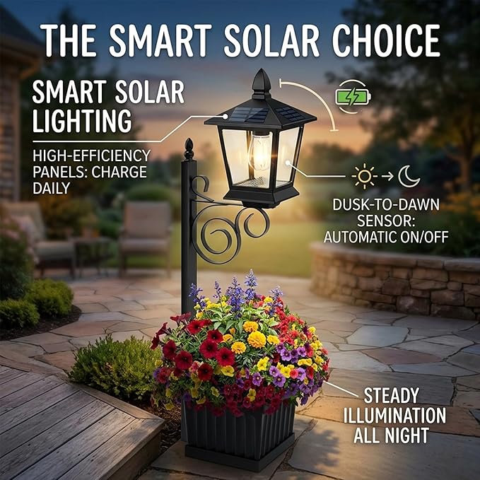 Solar Lamp Post with Planter, 2-in-1 Outdoor Solar Light with Built-in Planter Box, Waterproof Solar Powered Pathway Lamp for Garden Patio, Auto On/Off Warm White Light for Front/Back Door (large35'')