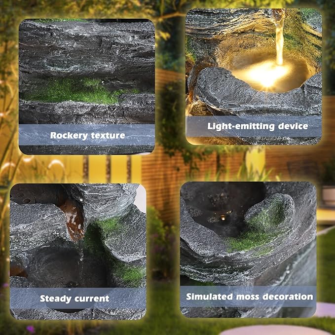 Grepatio Outdoor 7-Tiers Cascading Rock Water Fountain, Waterfall Fountain with 6 LED Lights, Outdoor Fountains and Waterfalls for Garden or Patio, Yard, and Deck Decor with Natural Stone Look