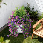 Artificial Hanging Flowers for Outdoors with Wheat Grass, 5 Pcs Fake Hanging Plants for Spring Decor, UV Resistant Faux Silk Flower Greenry for Planter Porch Patio Yard Garden(Double Purple)