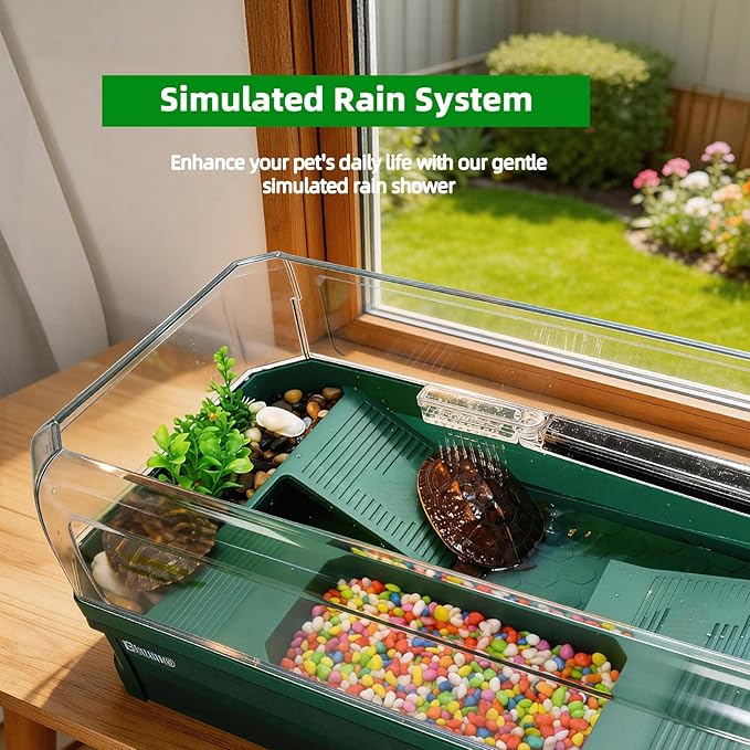 Turtle Tank Kit with 3-Stage Filter, Basking Platform & Heat Lamp - Complete Turtle Aquarium Habitat for Water Turtles, Enclosure or Hermit Crab Tank, Easy Drain Starter Kit Green, 25.9Inch