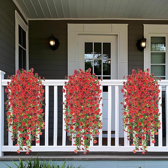 Artificial Fake Hanging Plants Flowers for Spring Outdoor Outside Decor, Faux Mums Silk Realistic Flower, 2 Pcs UV Resistant Look Real Plastic Decorations for Porch Home Patio Balcony Yard