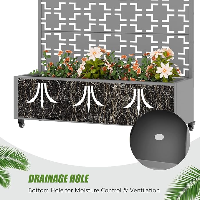 Casaphoria Metal Raised Garden Bed with Trellis and Wheels, 72"x47"x16" Arched Planter Box for Climbing Plants, Vegetables & Vines, Features Drainage Holes and Privacy Screen, Grey-Square