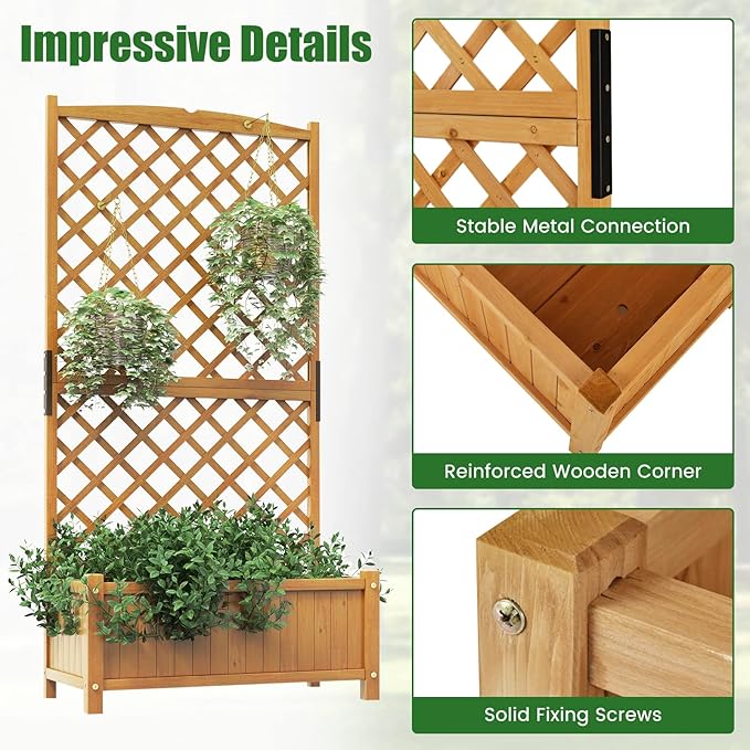 HAPPYGRILL Raised Garden Bed with Trellis, 71" Planter Raised Bed with Drainage Holes, Freestanding Garden Planter for Vine Climbing Plants, Wooden Planter Box for Yard Balcony(2, Yellow)