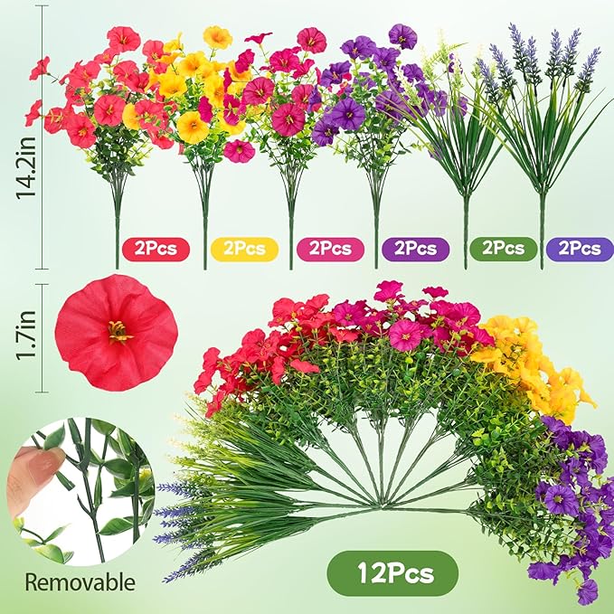 Artificial Flowers for Outdoors, Artificial Petunias Paired with Lavender UV Resistant Plastic Flower,Spring Flowers Used for Hanging Flower Pots, Porch Windows,Weddings Decorations (12 PCS)