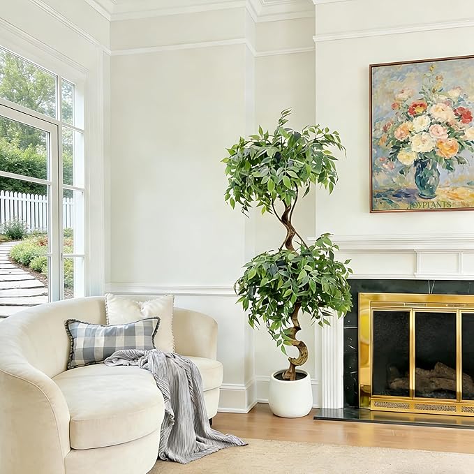 6FT Artificial Ficus Tree with White Pot, Tall Faux Ficus Plant with Realistic Natural Trunk and Lifelike Green Leaves, Indoor Fake Silk Tree for Home, Office, Living Room, or Corner Decor