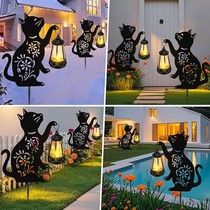 ZFNN Mothers Day Gifts, Solar Garden Lights Decor Cat Statues, Outdoor Metal Lantern, Waterproof Solar Lights for Yard Patio Lawn Pathway Art Decoration, Gardening Gifts for Women Mom Cat Lovers