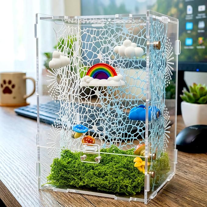 21 Pcs Jumping Spider Enclosure Accessories Kit - Magnetic Rainbow Cloud Hideout & Feeding Bowl, Mushroom Platform Ledges, Climbing Nets, Moss - Aesthetic Habitat Decor for Resting and Exploration