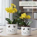 2 Pack, 5 + 6 Inch White Orchid Pots with Butterflies and Tulips Holes and Saucer, Ceramic Orchid Planters for Repotting with Drainage Holes and Tray Indoor Outdoor, Butterfly Gift
