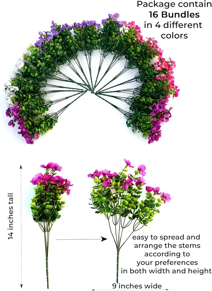 Artificial Flowers Outdoor Shrubs - 16 Bundles Fake Plants UV Resistant No Fade Faux Plastic Greenery Home Garden Porch Patio Decoration (1, Multi 16-4)