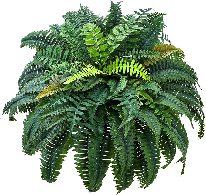 Giegxin 1 Pack 49''/95 Leaves Artificial Ferns for Outdoors, Large Fake Boston Ferns Bush, Realistic UV Resistant Faux Silk Plants for Porch Patio Hanging Garden Balcony Office Living Room Decor