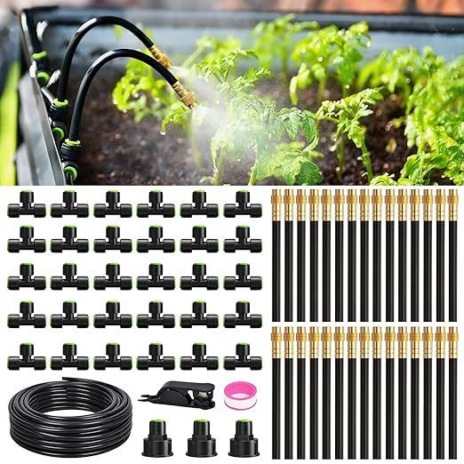RAINPOINT 100FT Drip Irrigation System, Garden Watering Kit with 30pcs 360°Adjustable Copper Nozzles, Automatic Atomizing Watering Sprinkler System for Greenhouse, Lawn, Raised Beds, Outdoor Plants