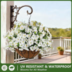INQCMY Artificial Fake Petunias Flowers for Outdoors Spring Summer Decoration, 12 Bundles Faux Flower Plants UV Resistant White Realistic Silk Flower for Outside Planters Patio Porch Yard Window Box