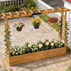 VINGLI 45 in Raised Garden Bed with Trellis & Hanging Roof, Wooden Elevated Planter Box with Drainage Holes for Outdoor Climbing Plants Vegetables Flowers, Patio Yard Balcony (Teak Color, Wider)