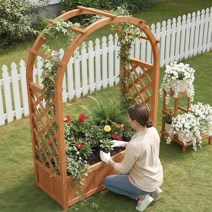 VINGLI Raised Garden Bed with Trellis & Hanging Roof, Wooden Garden Bed, Outdoor Planter Box for Yard, Garden, Balcony (Natural Wood Color, Arched)