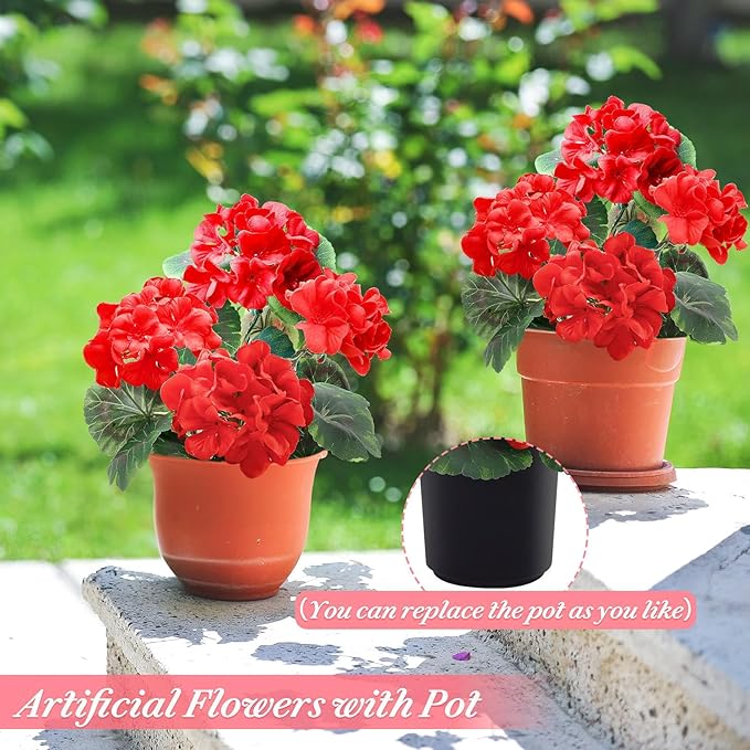 2 Pack Artificial Geranium Fake Flowers for Outdoors Spring Summer Decor, Silk Geraniums Red Flowers UV Resistant Faux Flower Potted Plants for Gardens Farmhouse Indoor Home Table Decor (Red)