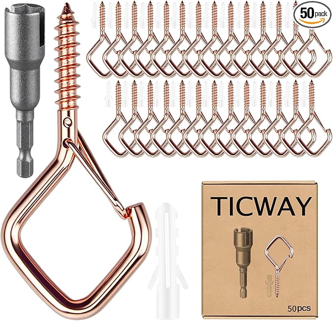 50 Pcs Outdoor Hooks for String Lights,Screw Hooks for Hanging Plants,Ceiling Hooks with Safety Buckle,Square Hanger for Wind Chimes,Bird Feeder,Lanterns,Christmas Decorations (Rose Gold)