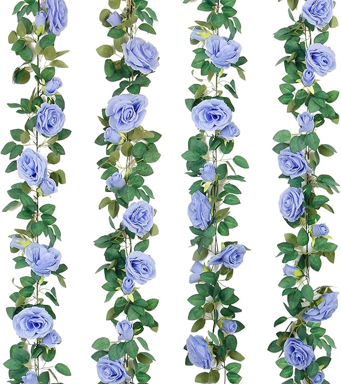 TELDRASSIL 4Pcs(26 FT) Artificial Rose Vine Fake Flower Garland Fake Silk Rose Hanging Vine for Wedding Party Background Arch Garden Background Decoration (Blue)