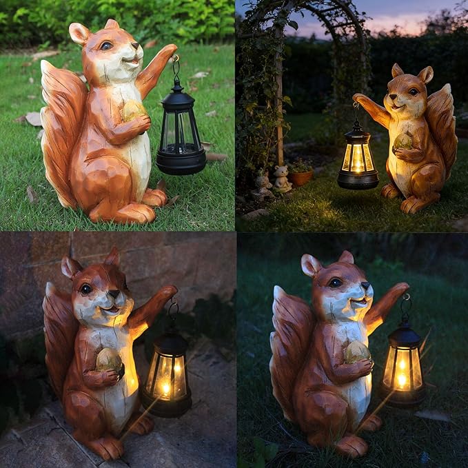 Garden Statue Outdoor, Solar Squirrel Decor Lights, Resin Figurine Squirrel with Solar Light for Patio, Balcony, Yard, Lawn Ornament, Perfect Garden Gift