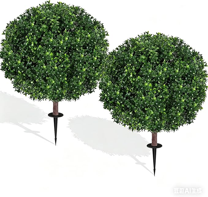 27.5" Artificial Boxwood Topiary Ball Tree, Set of 2 Fake Bushes Shrubs with Ground Spike, UV Resistant Faux Evergreen Boxwood Trees for Front Porch Planters Outdoor Garden Decor