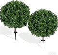 27.5" Artificial Boxwood Topiary Ball Tree, Set of 2 Fake Bushes Shrubs with Ground Spike, UV Resistant Faux Evergreen Boxwood Trees for Front Porch Planters Outdoor Garden Decor