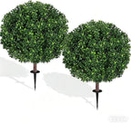 27.5" Artificial Boxwood Topiary Ball Tree, Set of 2 Fake Bushes Shrubs with Ground Spike, UV Resistant Faux Evergreen Boxwood Trees for Front Porch Planters Outdoor Garden Decor