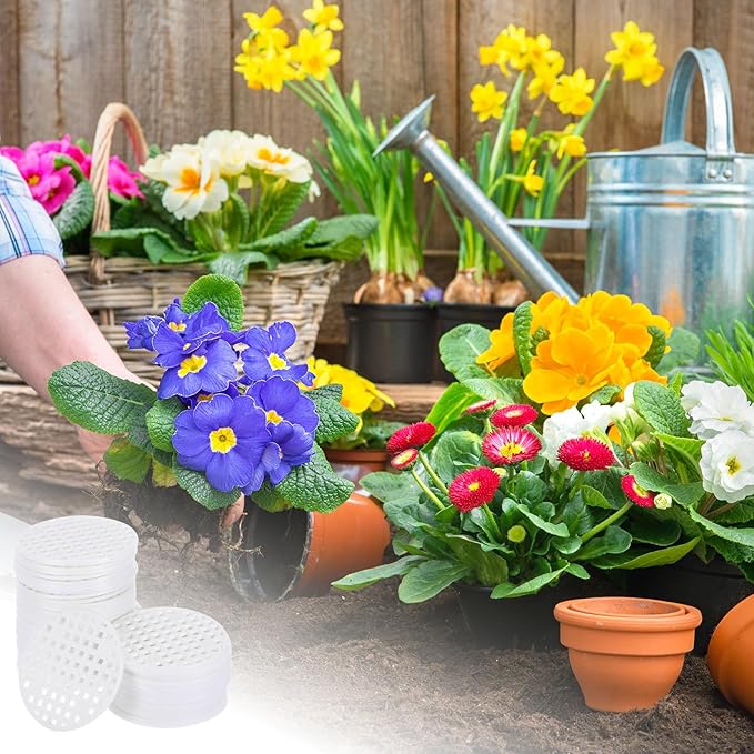 PATIKIL Flower Pot Hole Mesh Pad, 60Pcs 1.8 Inch/4.5cm Round Rigid Bonsai Drainage Mesh Grid Screen Bottom Grid Mat for Garden, White