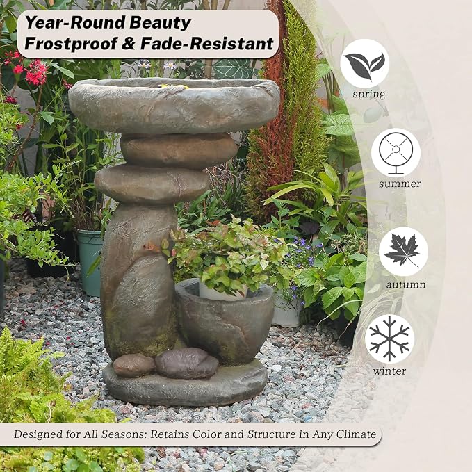 Solar Fountain for Bird Bath, Water Fountain Outdoor with Planter, Freestanding Rock Solar Waterfall with LED Lights for Garden, Patio, Yard