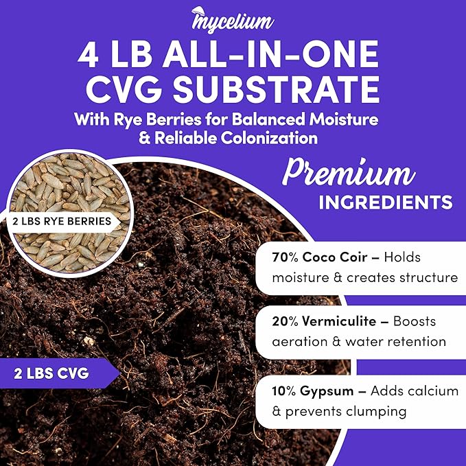 Mycelium 4LB Mushroom Grow Kit | All-in-One CVG Substrate & Rye Berries Grain Bag | Pre-Sterilized with Injection Port & Filter Patch | Grow Dung-Loving Mushrooms with Ease – Just Add Liquid Culture