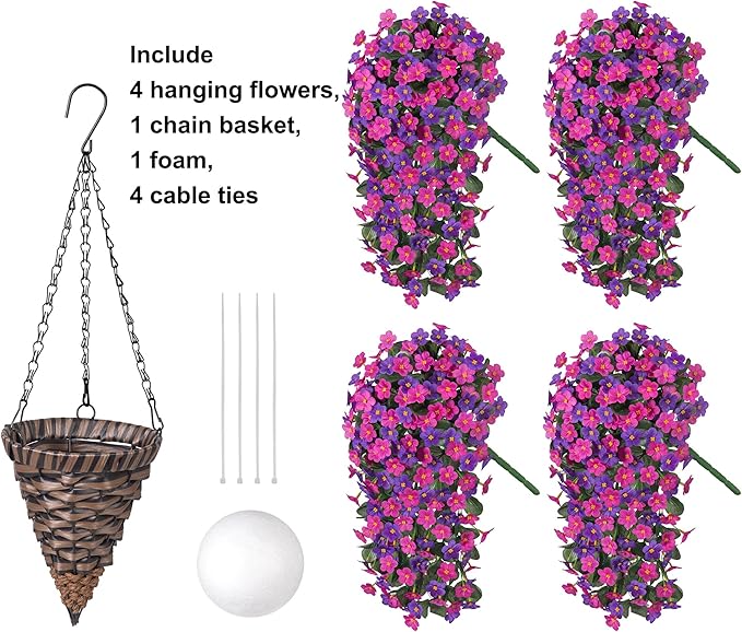 Artificial Flowers Baskets for Outdoor Decoration, Fake Hanging Plants Silk Dark Purple Fuchsia Daisy Mums Trailing Vines in Planter Realistic UV Resistant for Balcony Porch Decor
